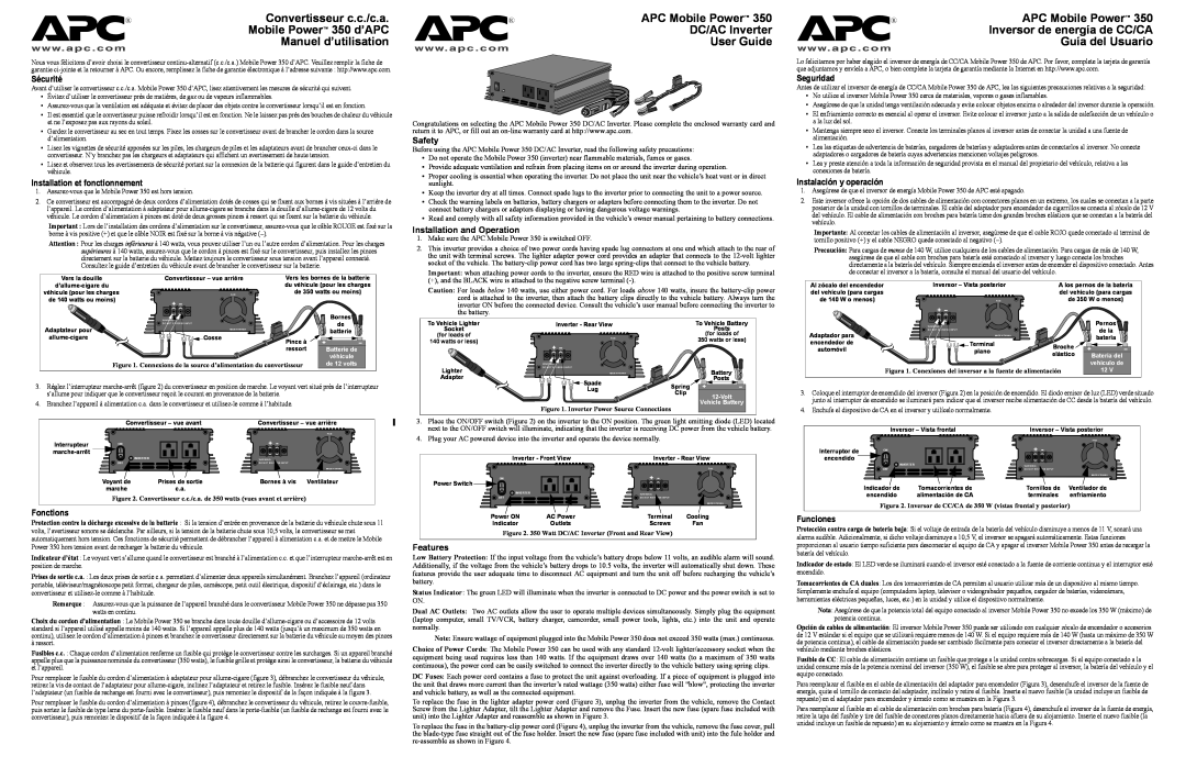 American Power Conversion 350 DC/AC manuel dutilisation Safety, Installation and Operation, Features, Sécurité, Seguridad 