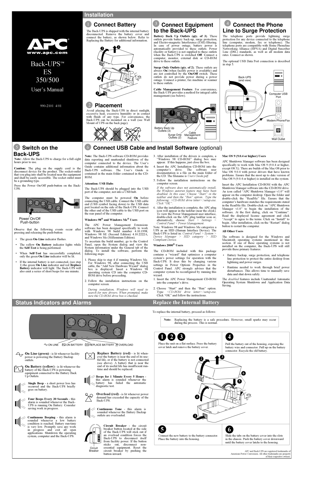 American Power Conversion 350/500 user manual Installation, Status Indicators and Alarms 