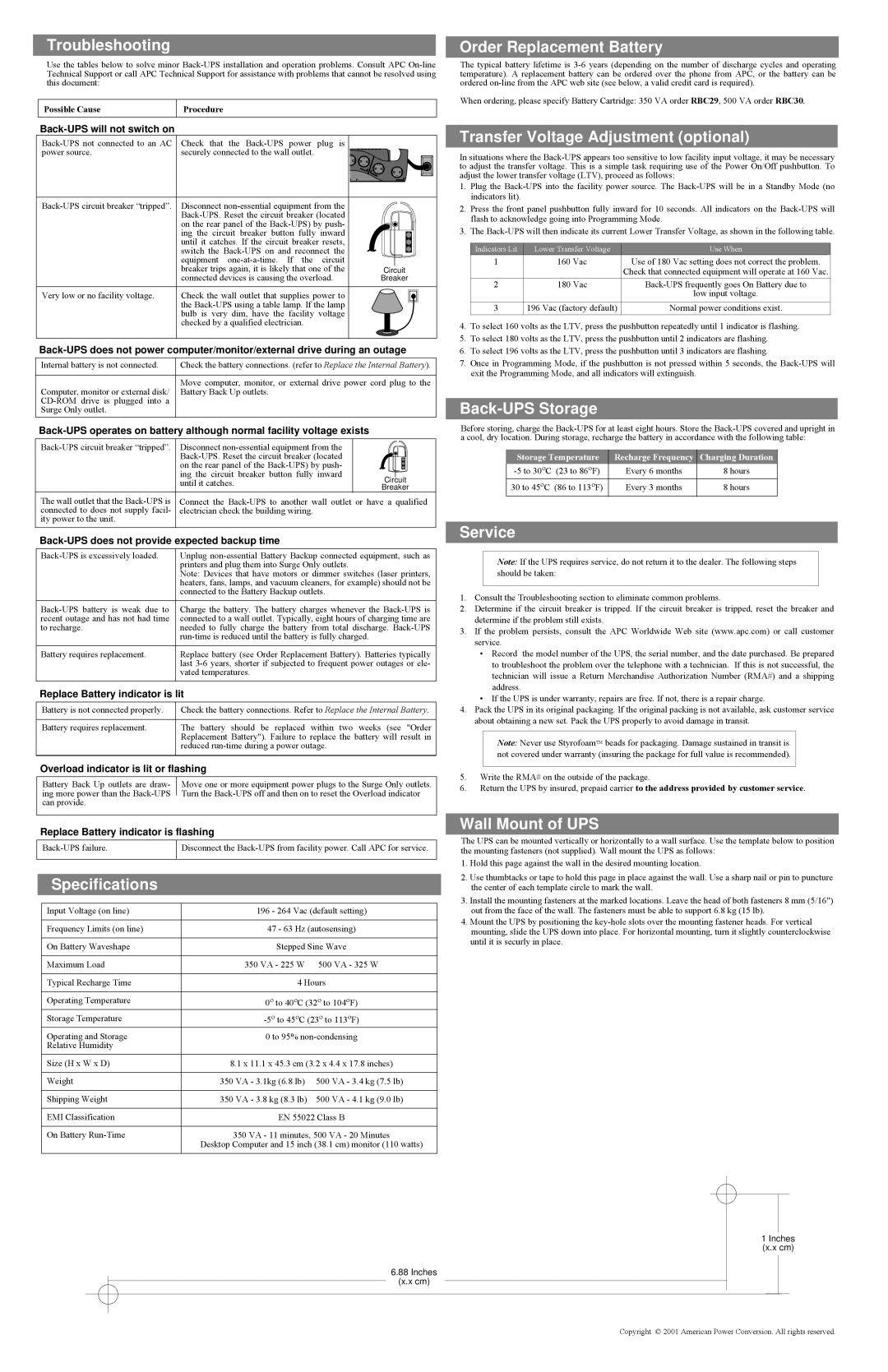 American Power Conversion 350/500 Troubleshooting, Order Replacement Battery, Transfer Voltage Adjustment optional 