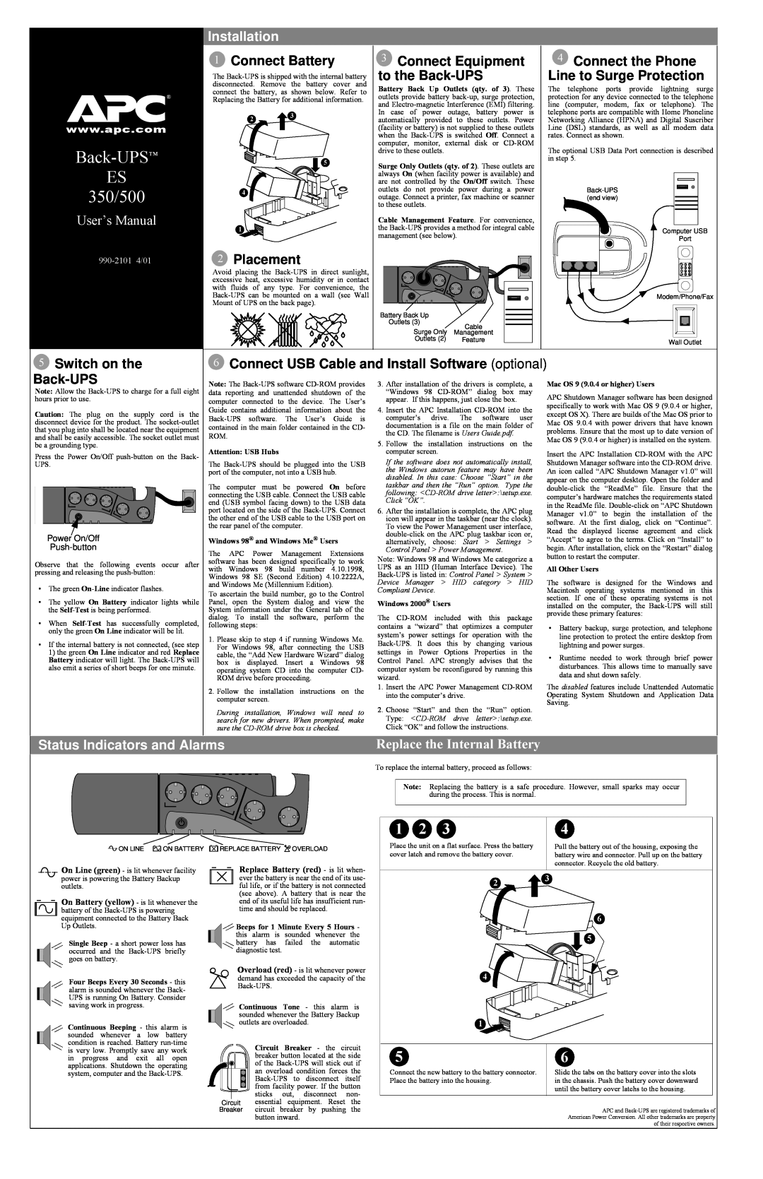 American Power Conversion user manual Installation, Status Indicators and Alarms, Back-UPS ES 350/500, User’s Manual 