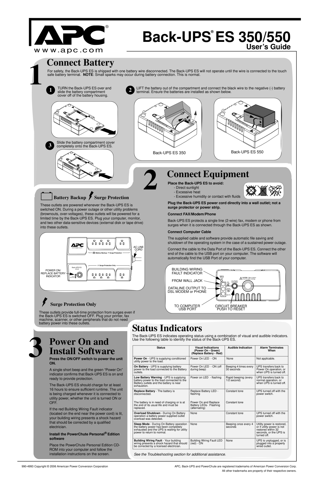 American Power Conversion 350/550 installation instructions Connect Battery, Status Indicators Power On, Install Software 