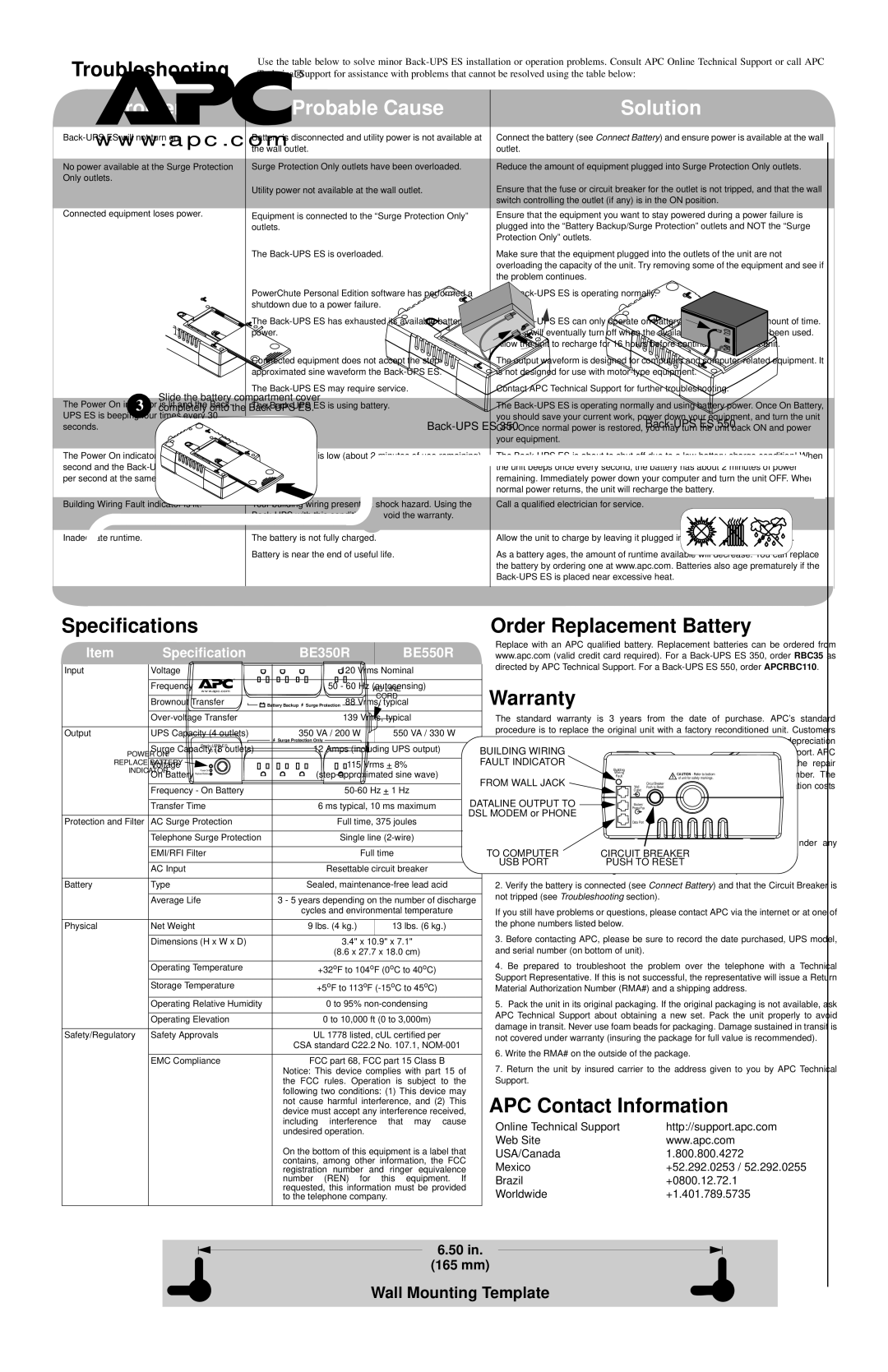 American Power Conversion 350/550 Troubleshooting, Specifications, Order Replacement Battery Warranty, Service 