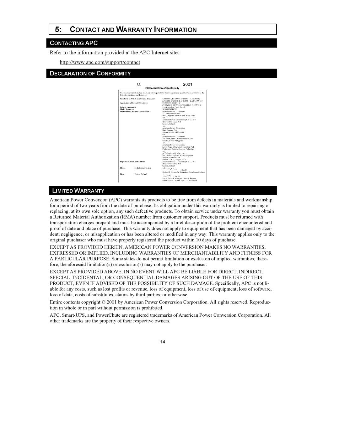 American Power Conversion 3U Rack Mount user manual Contact and Warranty Information 