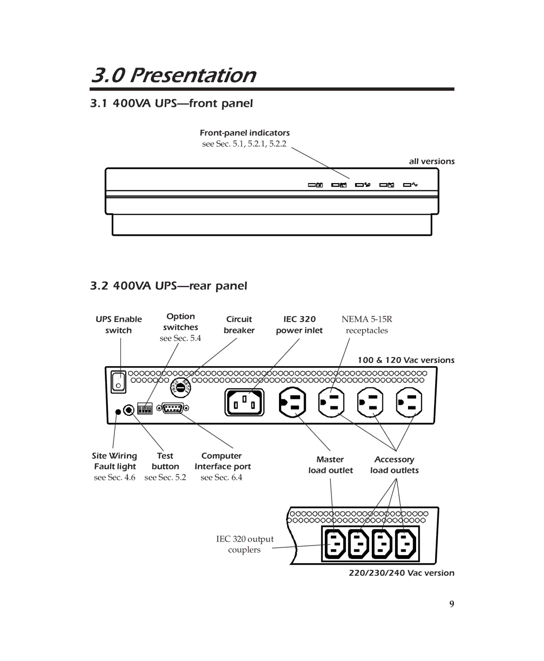 American Power Conversion user manual Presentation, 400VA UPS-front panel, 400VA UPS-rear panel 