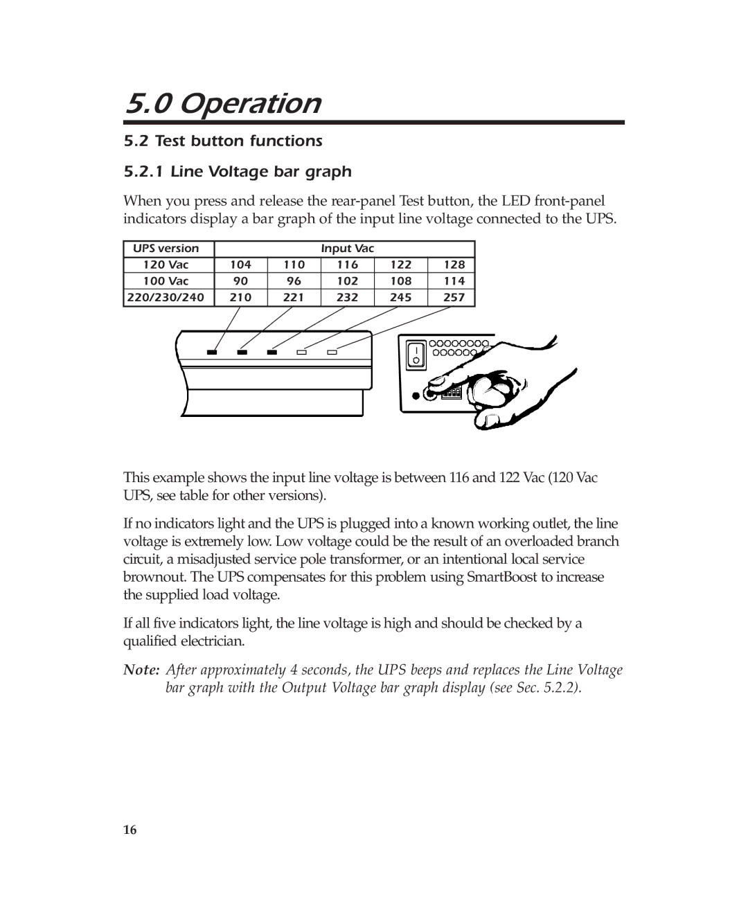 American Power Conversion 400 user manual Test button functions 5.2.1 Line Voltage bar graph 