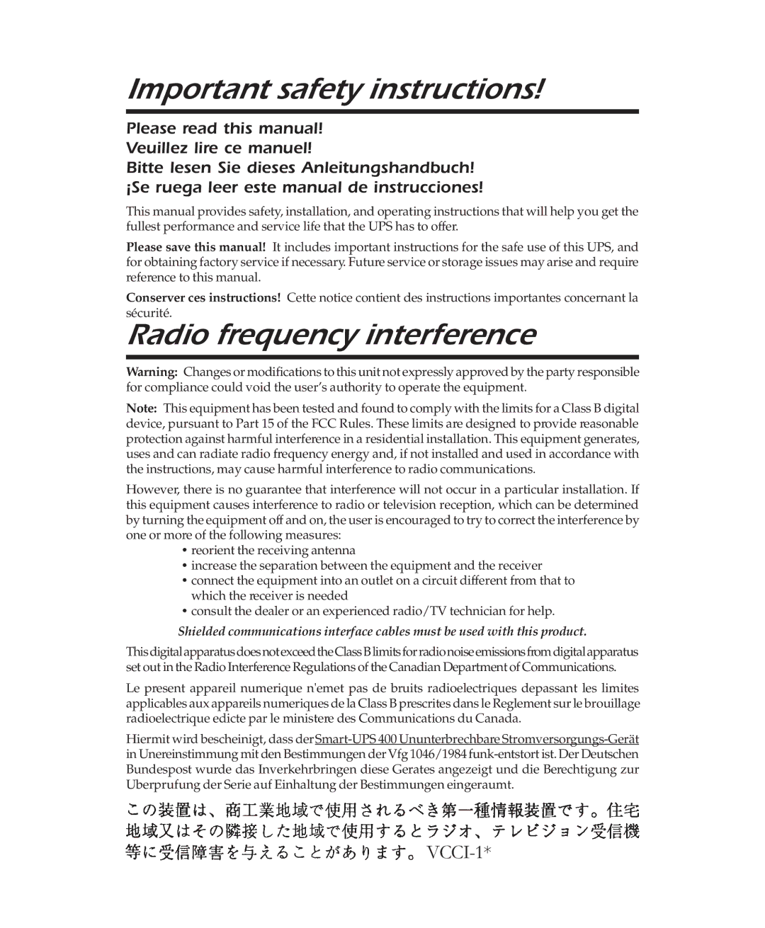 American Power Conversion 400 user manual Important safety instructions, Radio frequency interference 