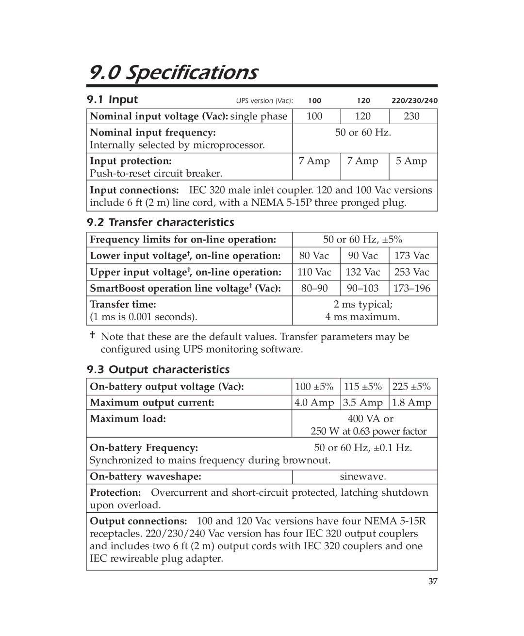 American Power Conversion 400 user manual Specifications, Input, Transfer characteristics, Output characteristics 