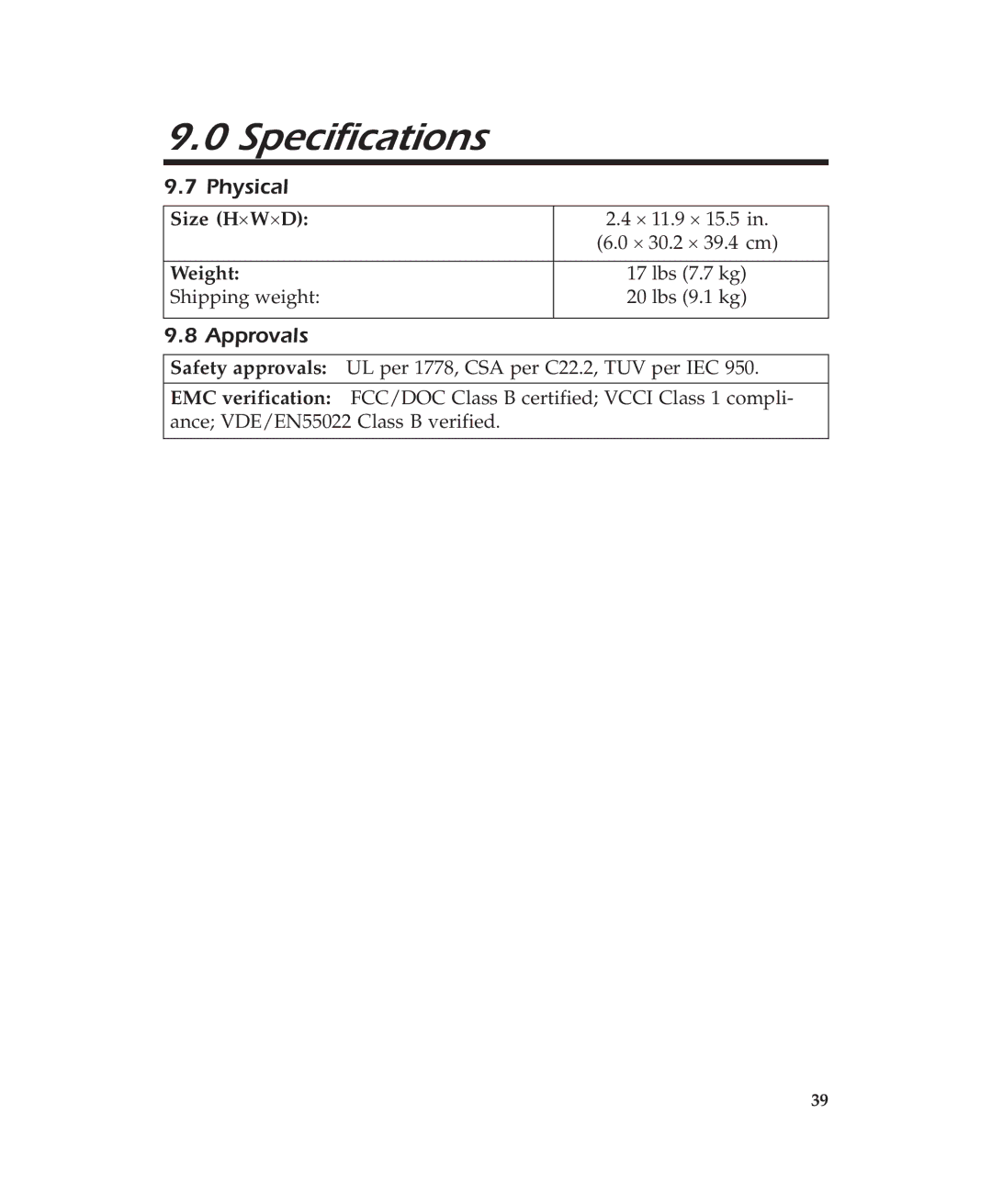 American Power Conversion 400 user manual Physical, Approvals, Size H´W´D, Weight 