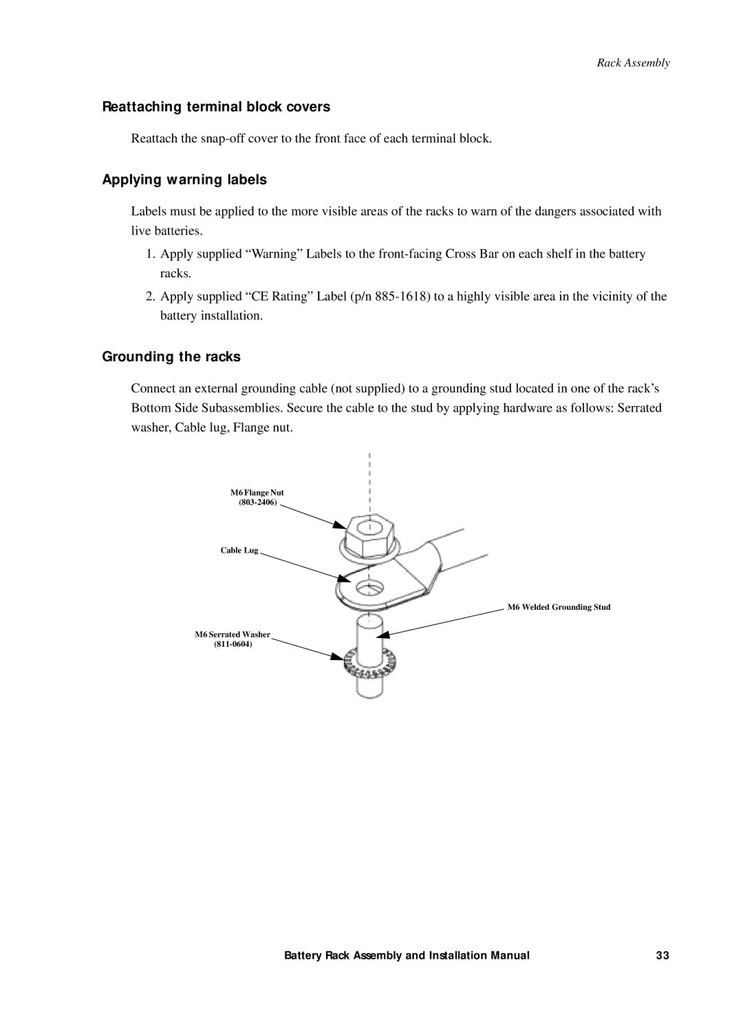 American Power Conversion 400kW1MW Reattaching terminal block covers, Applying warning labels, Grounding the racks 