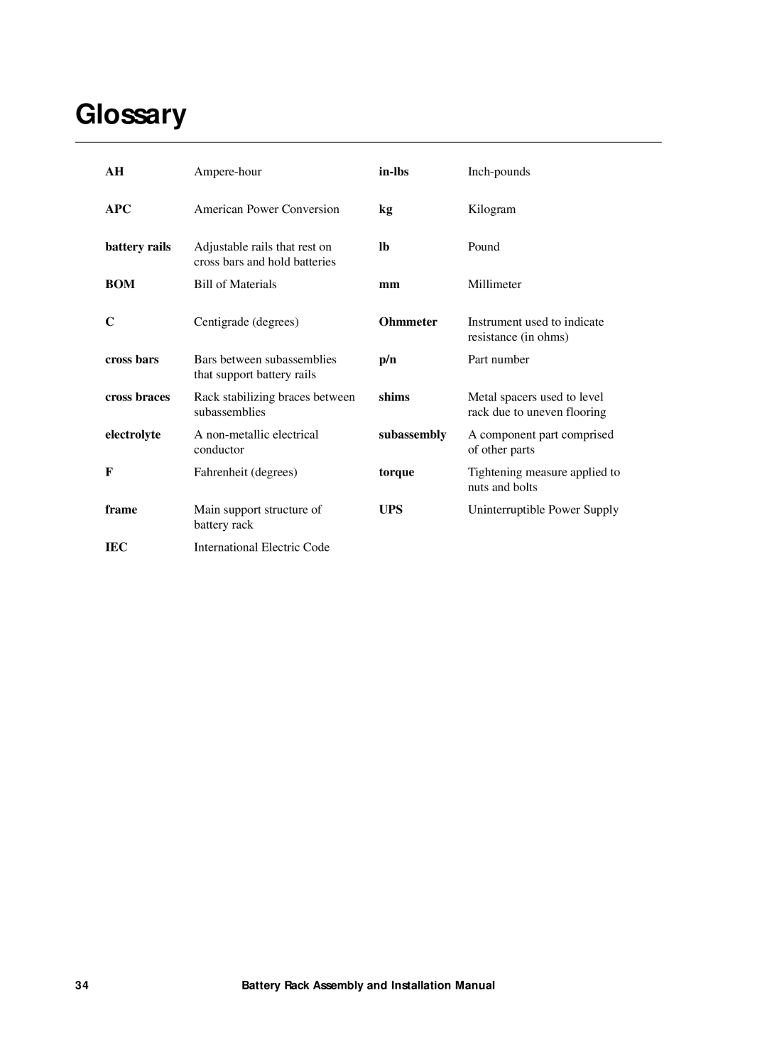 American Power Conversion 400kW1MW installation manual Glossary, Apc 