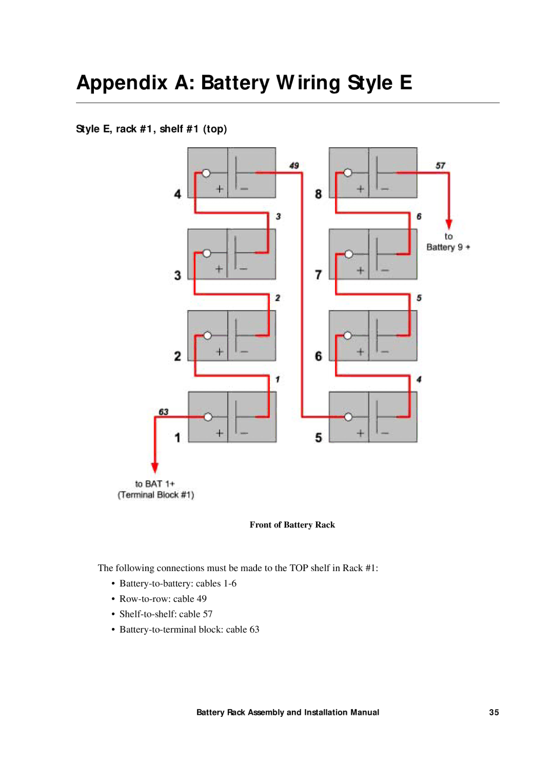 American Power Conversion 400kW1MW installation manual Appendix a Battery Wiring Style E, Style E, rack #1, shelf #1 top 