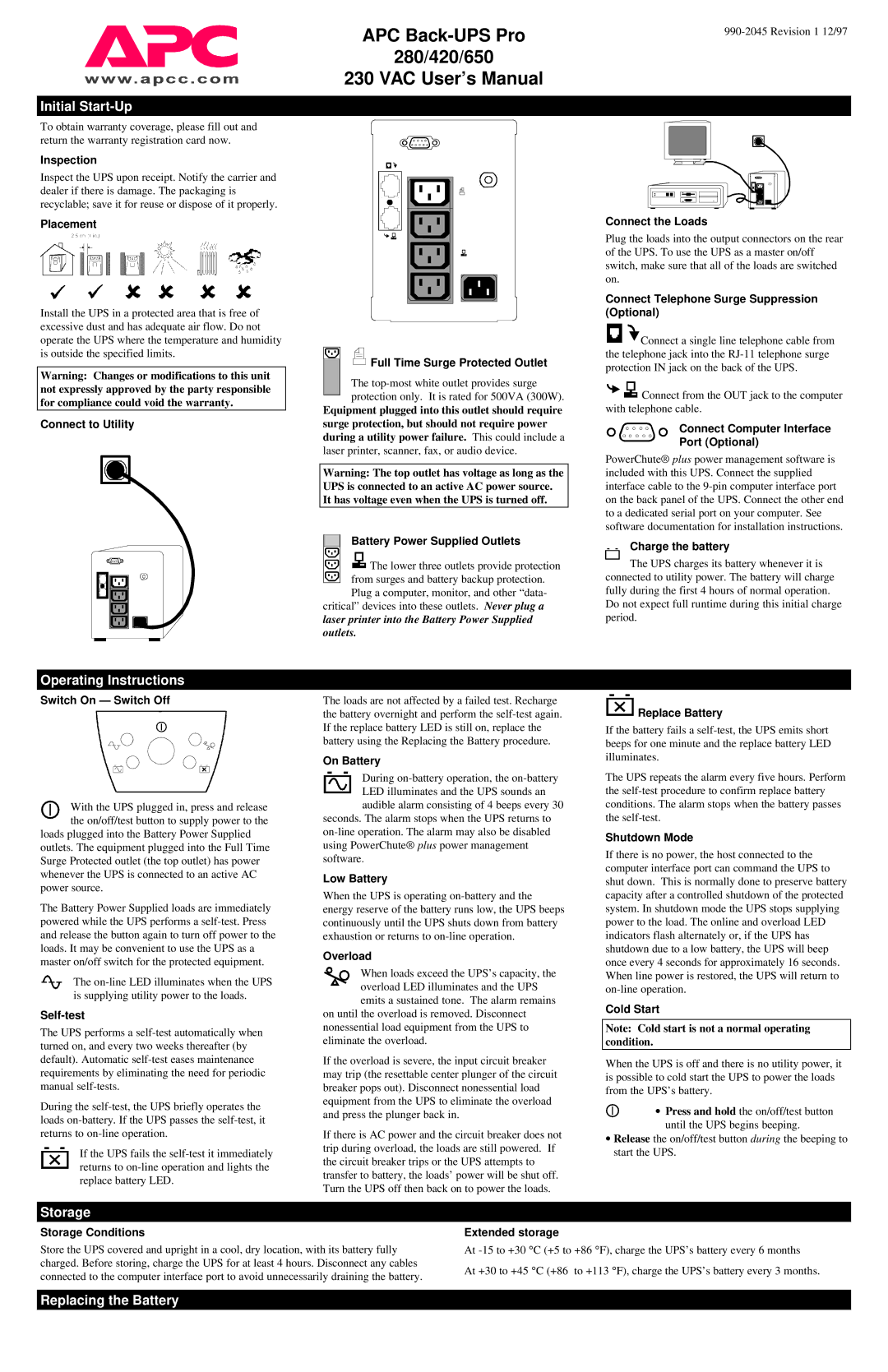 American Power Conversion 280, 420, 650 user manual Initial Start-Up, Operating Instructions, Storage 