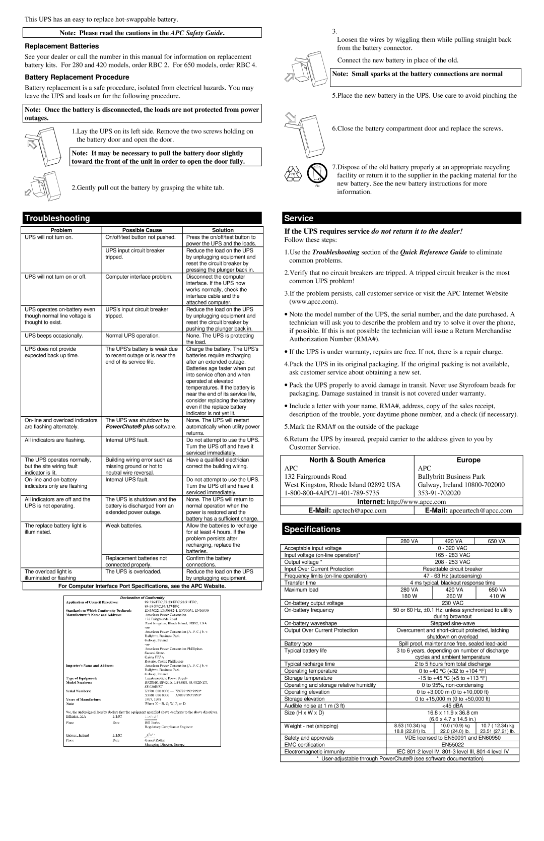 American Power Conversion 280, 420, 650 user manual Troubleshooting, Service, Specifications 