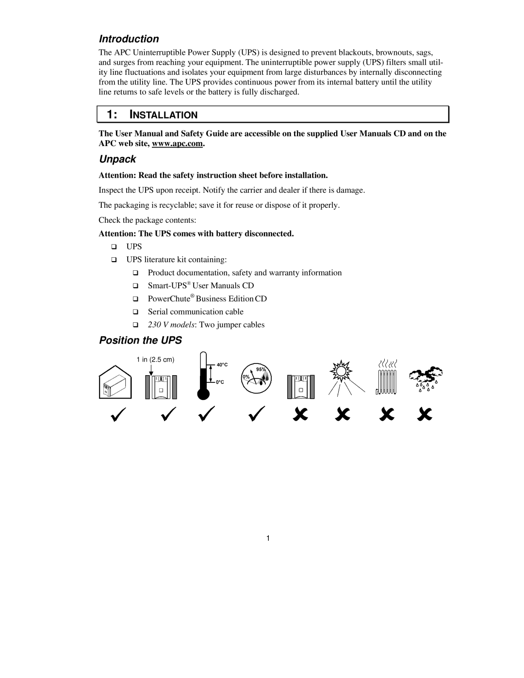 American Power Conversion 420/520 VA user manual Introduction, Unpack, Position the UPS, Installation 