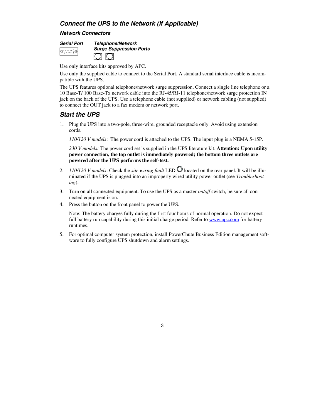 American Power Conversion 420/520 VA Connect the UPS to the Network if Applicable, Start the UPS, Network Connectors 