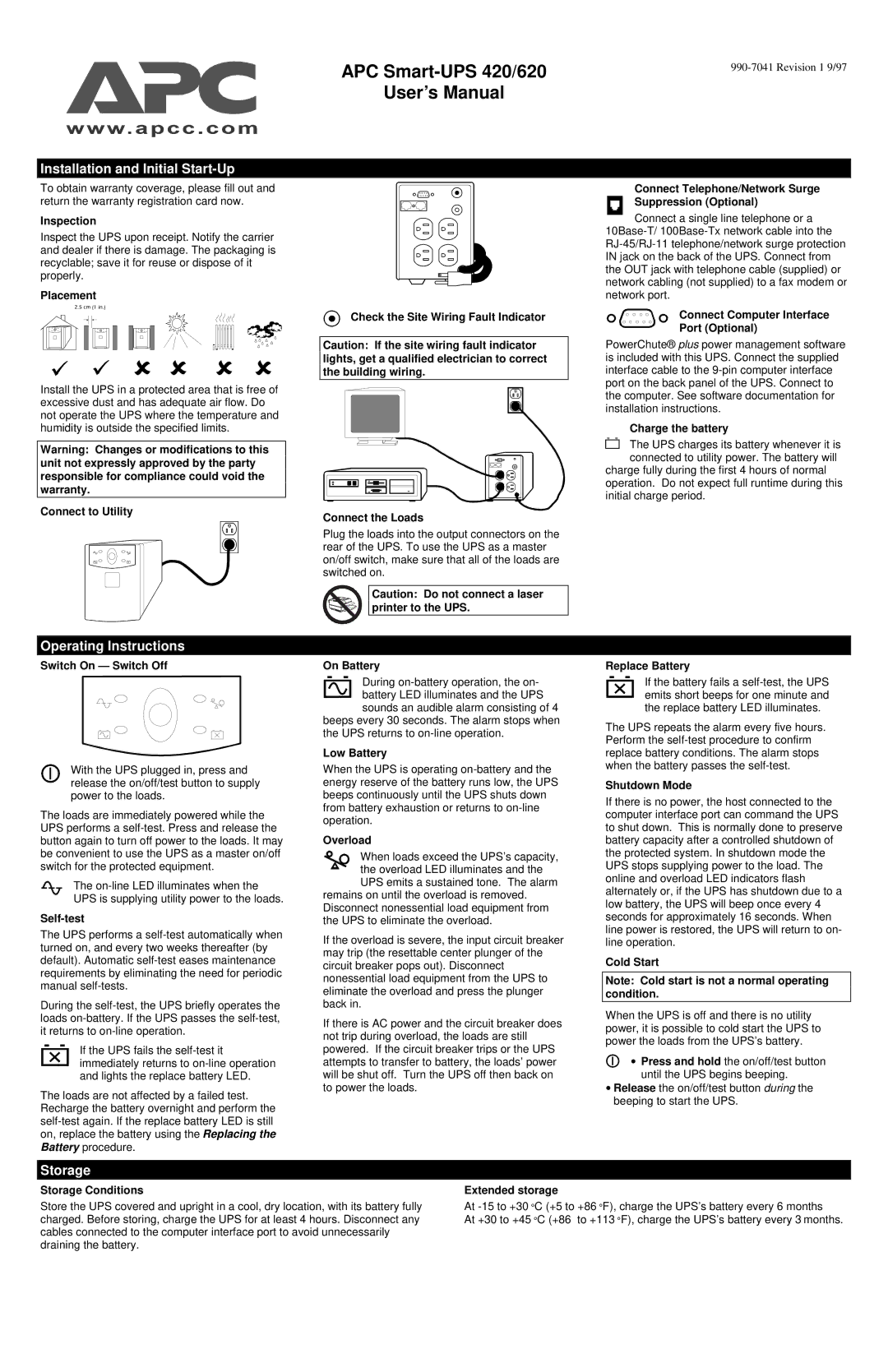 American Power Conversion 420/620 user manual Installation and Initial Start-Up, Operating Instructions, Storage 