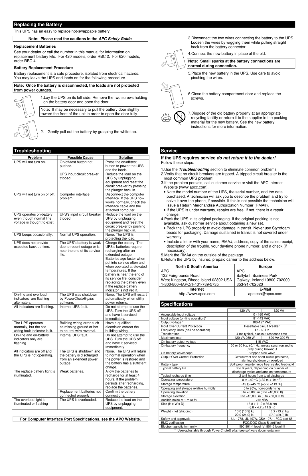 American Power Conversion 420/620 user manual Replacing the Battery, Troubleshooting, Service, Specifications 