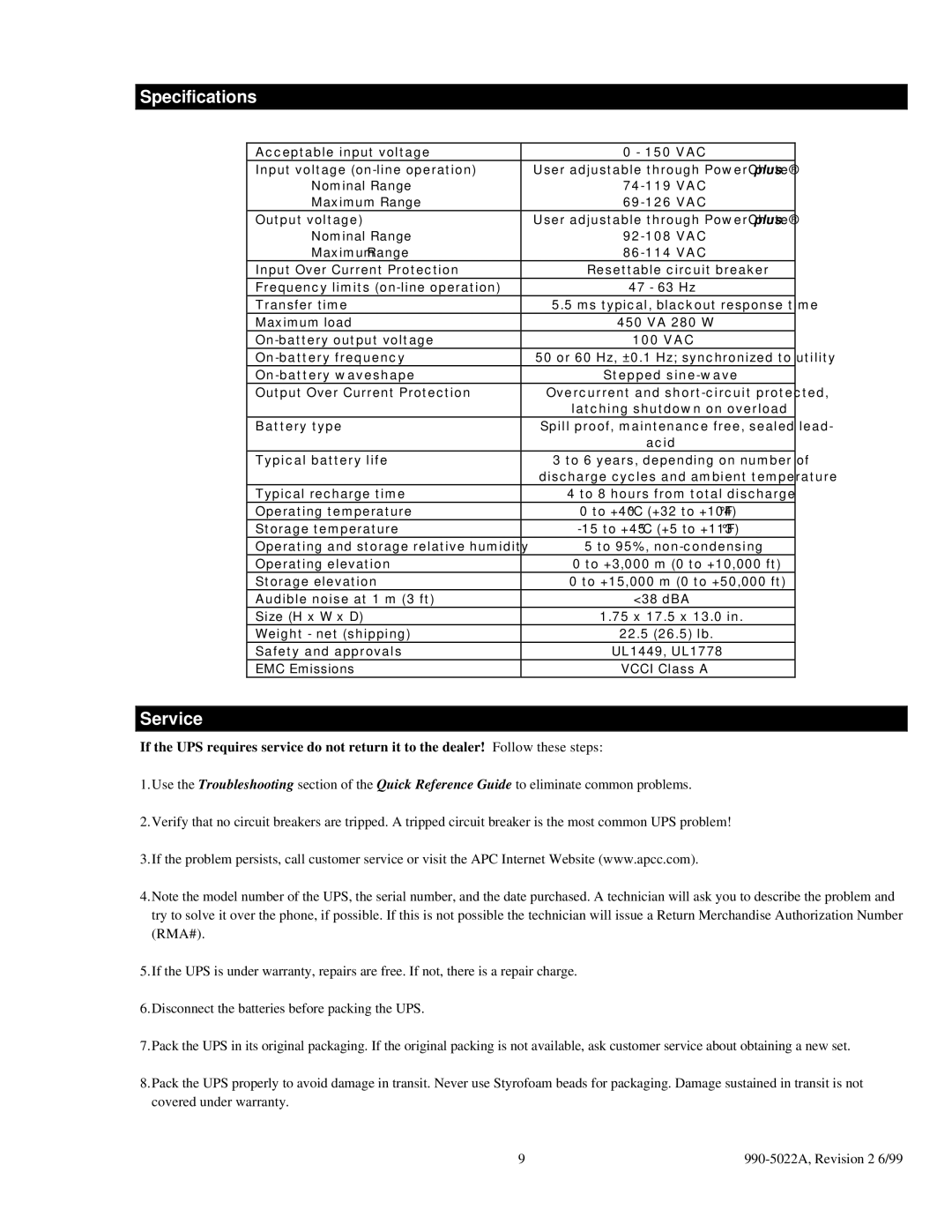 American Power Conversion 450 user manual Specifications, Service 