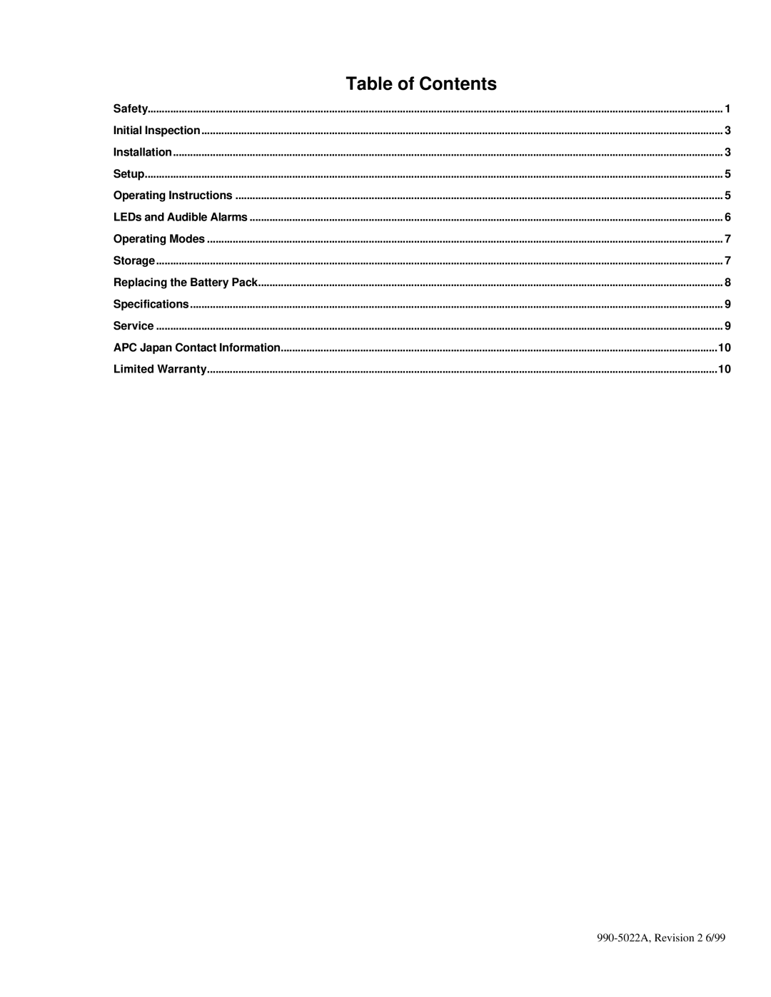 American Power Conversion 450 user manual Table of Contents 