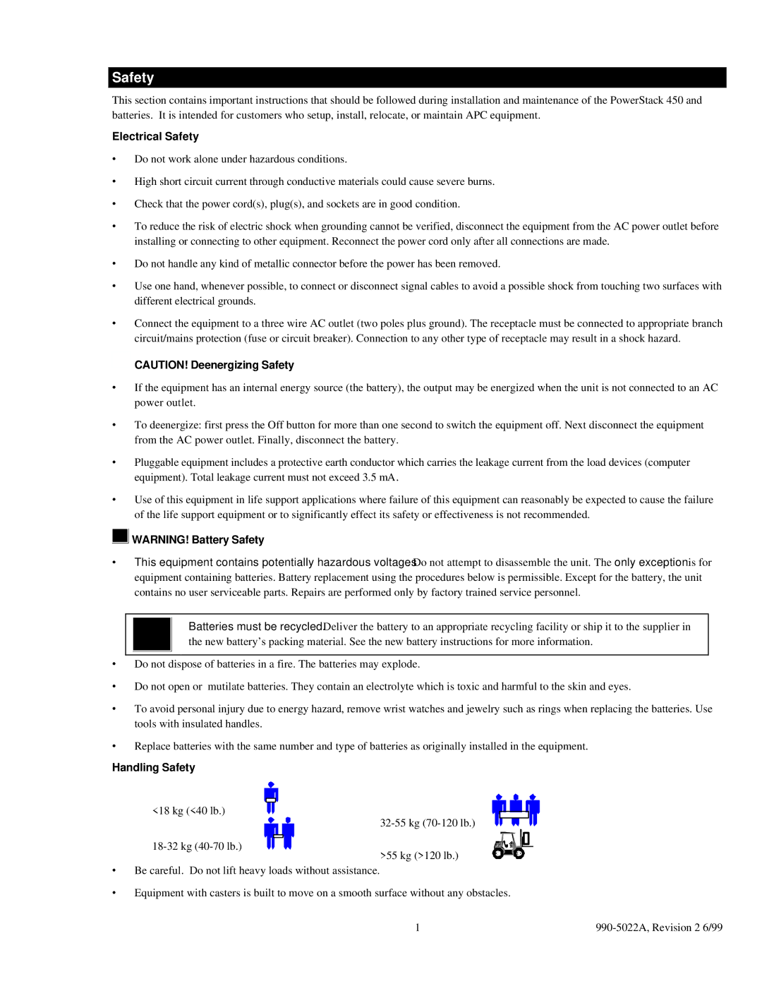 American Power Conversion 450 user manual Electrical Safety, Handling Safety 