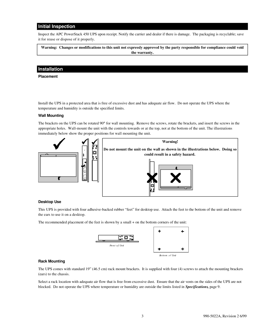 American Power Conversion 450 user manual Initial Inspection, Installation 