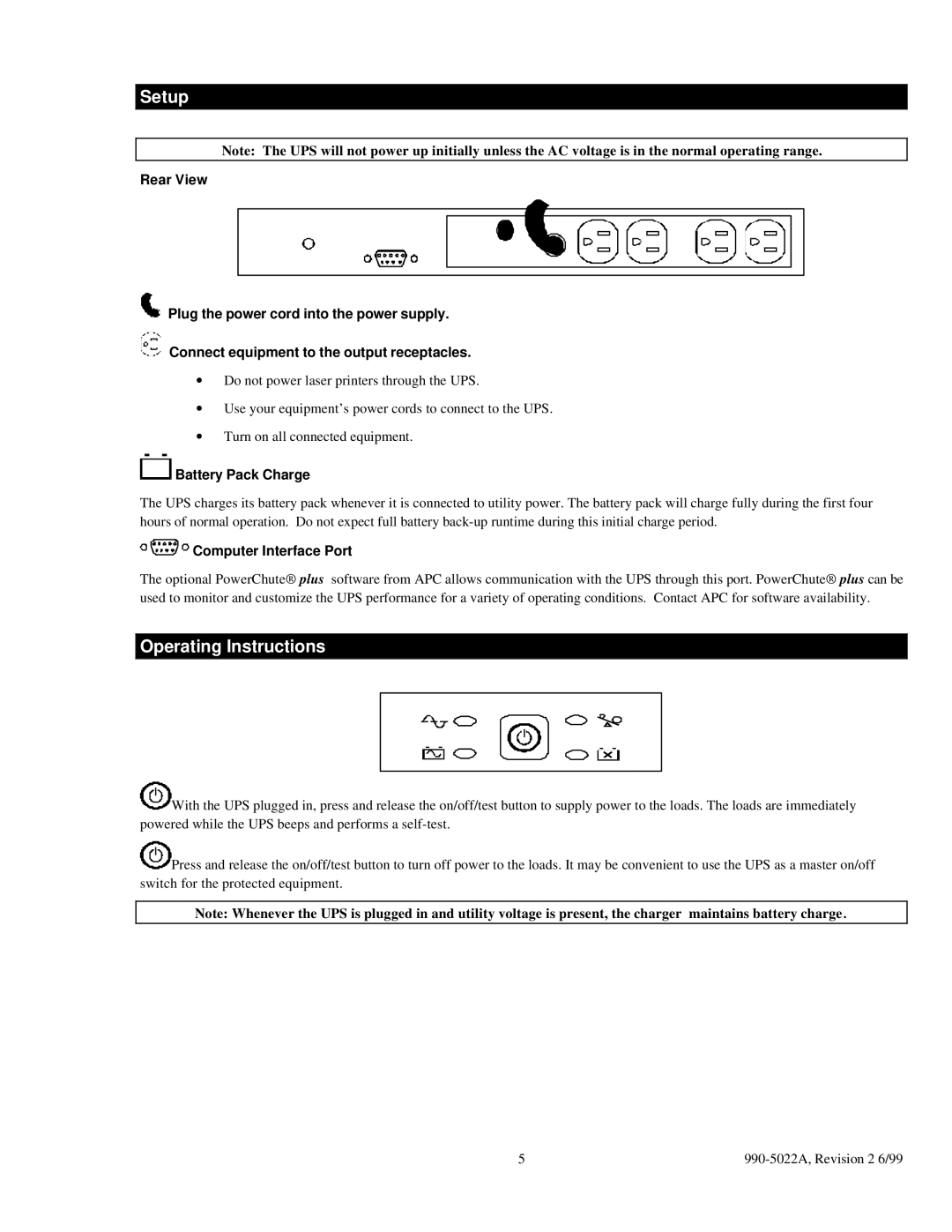 American Power Conversion 450 user manual Setup, Operating Instructions, Battery Pack Charge, Computer Interface Port 