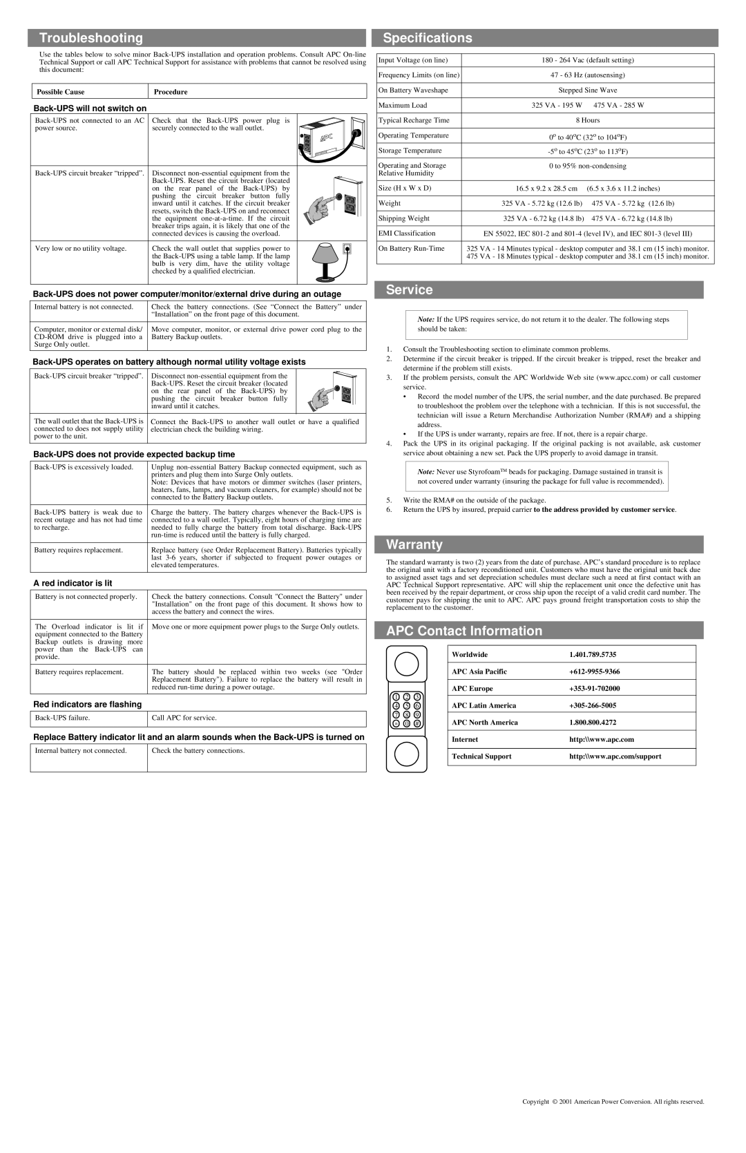 American Power Conversion 475I, 325I user manual Troubleshooting Specifications, Service, Warranty, APC Contact Information 