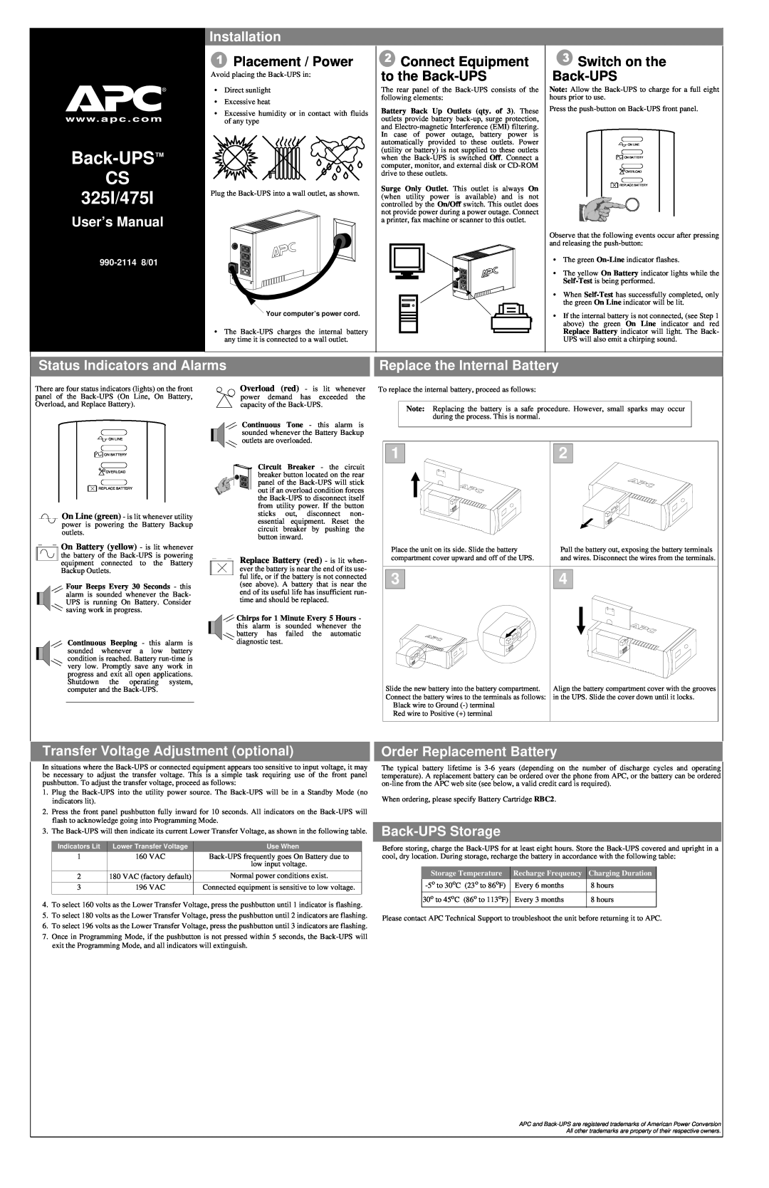 American Power Conversion 325I user manual User’s Manual, Installation, Status Indicators and Alarms, Back-UPS Storage 