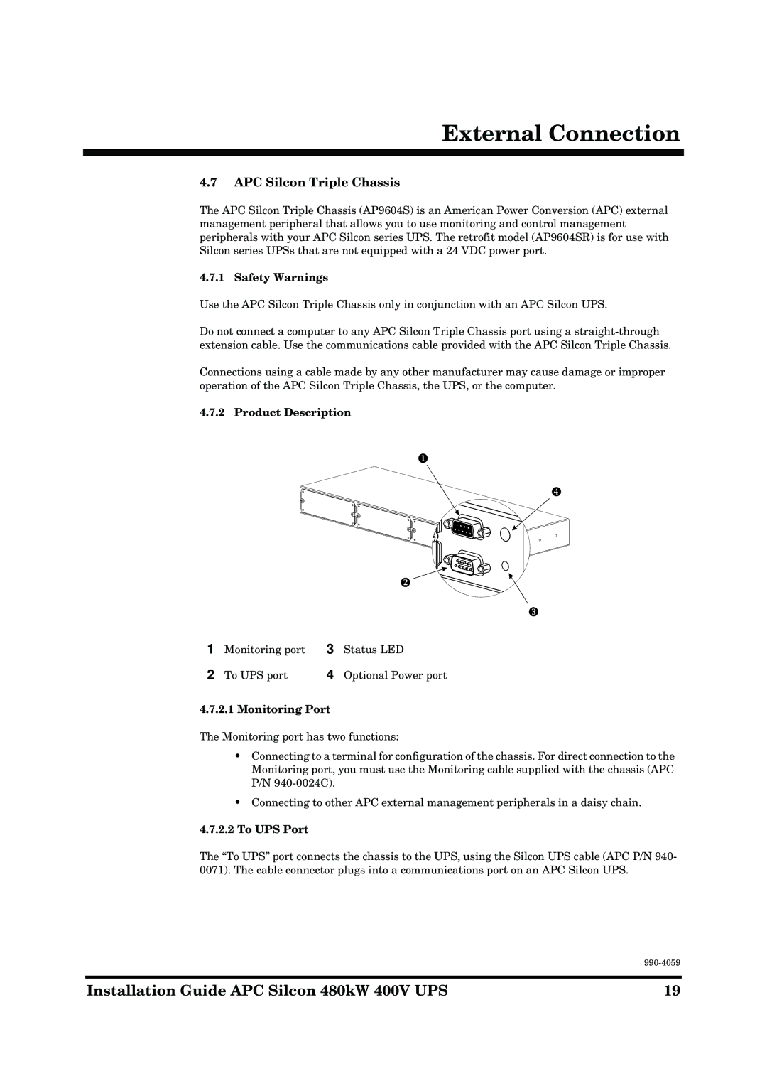 American Power Conversion 480kW 400V APC Silcon Triple Chassis, Safety Warnings, Product Description, Monitoring Port 