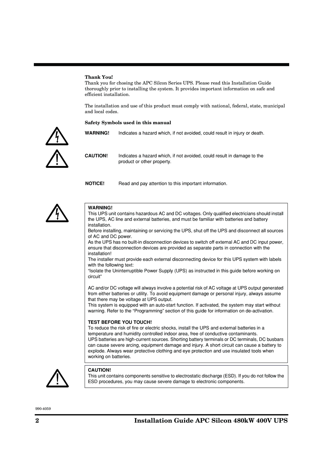 American Power Conversion Installation Guide APC Silcon 480kW 400V UPS, Thank You, Safety Symbols used in this manual 