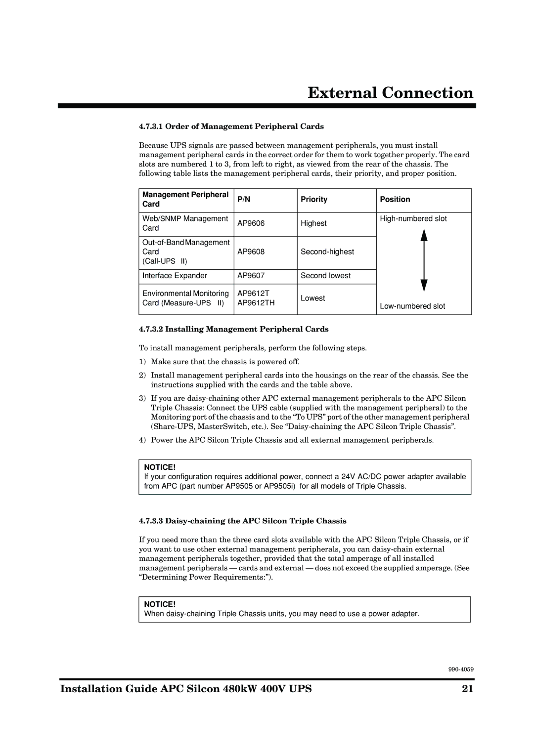 American Power Conversion 480kW 400V Order of Management Peripheral Cards, Management Peripheral Priority Position Card 