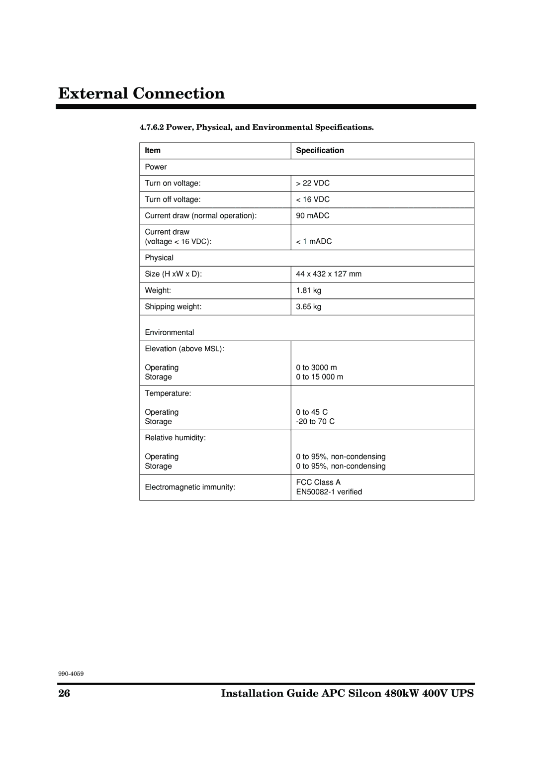 American Power Conversion 480kW 400V manual Power, Physical, and Environmental Specifications 