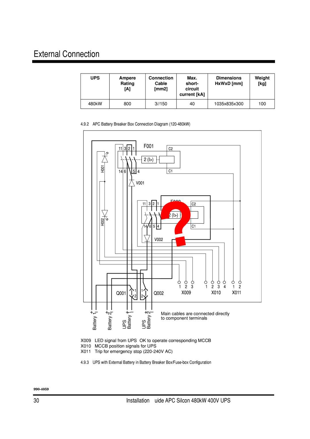 American Power Conversion 480kW 400V manual Ampere Connection Max Dimensions Weight Rating Cable, HxWxD mm, Circuit 