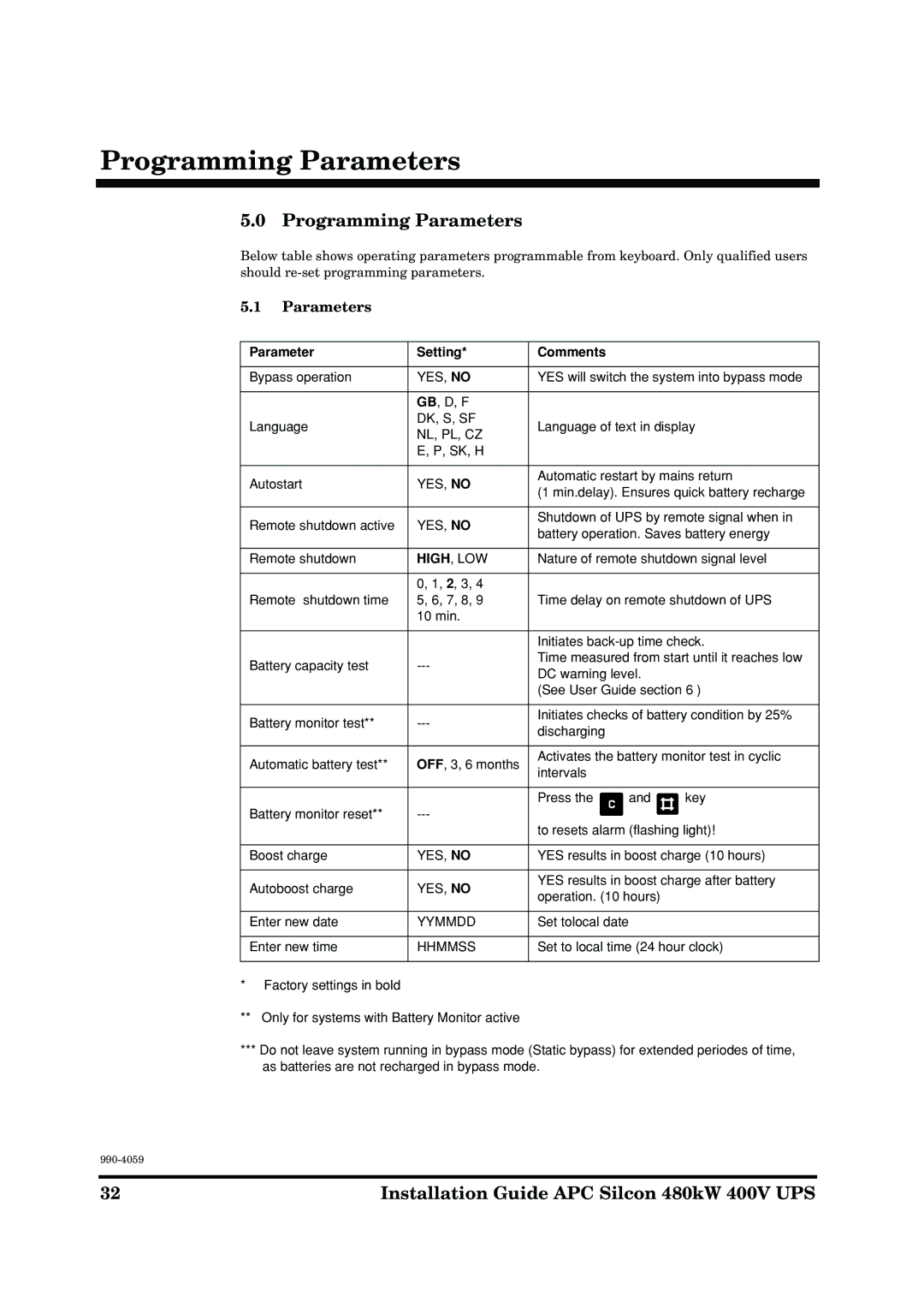 American Power Conversion 480kW 400V manual Programming Parameters, Parameter Setting Comments 