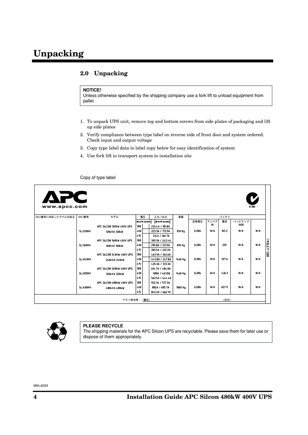 American Power Conversion 480kW 400V manual Unpacking 