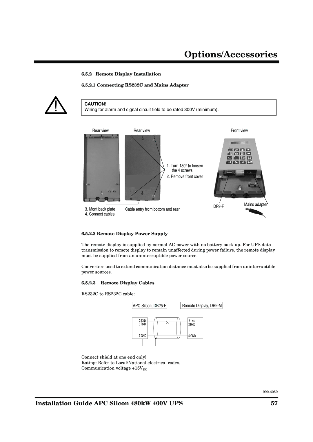 American Power Conversion 480kW 400V manual Remote Display Power Supply, Remote Display Cables 