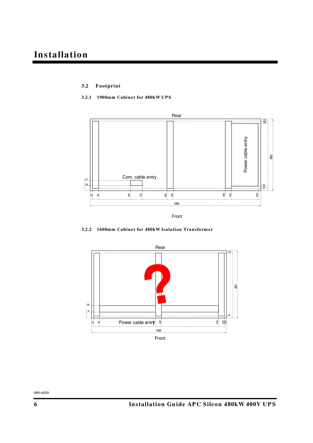 American Power Conversion 480kW 400V manual Footprint, 1 1900mm Cabinet for 480kW UPS 