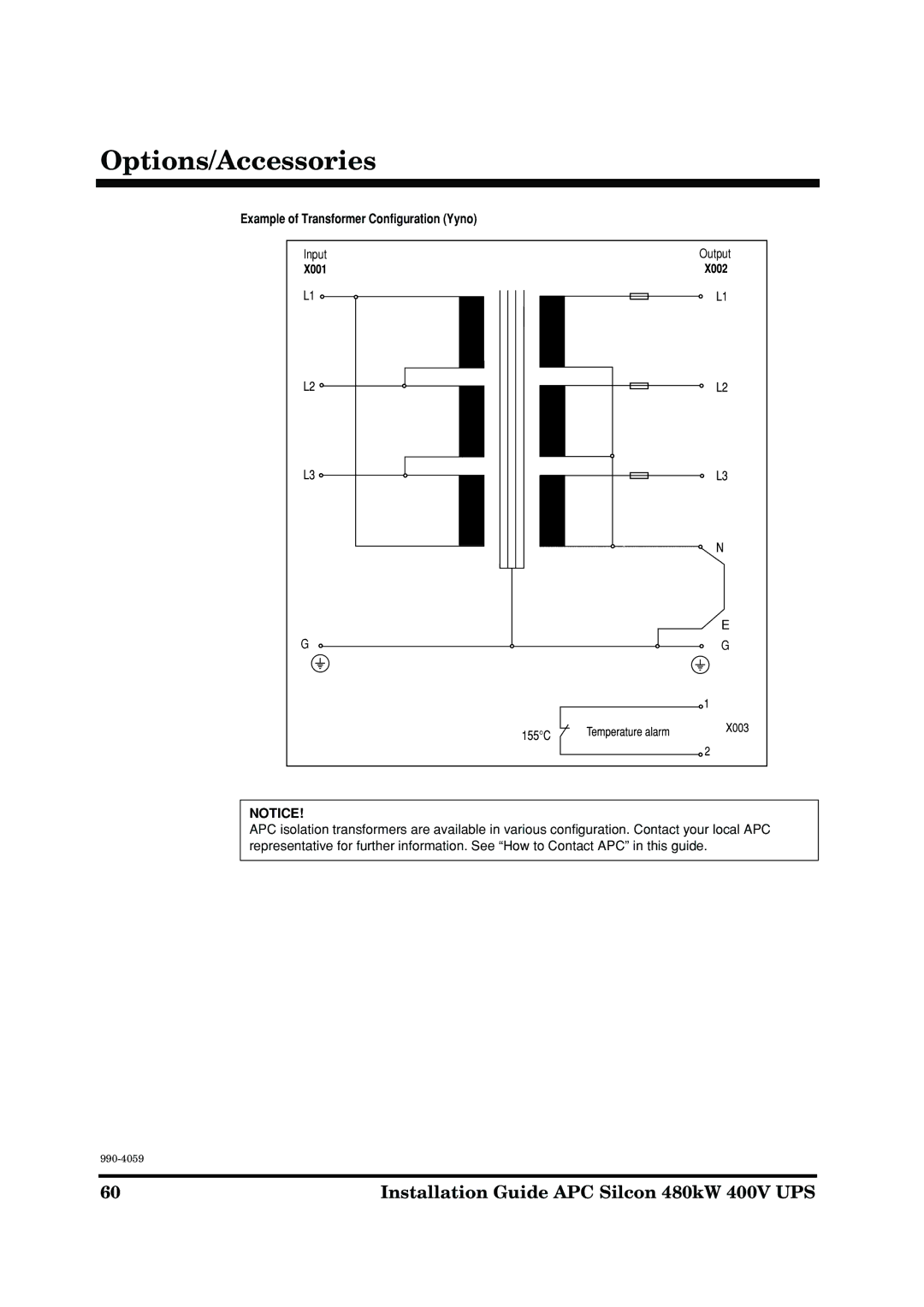 American Power Conversion 480kW 400V manual Example of Transformer Configuration Yyno 