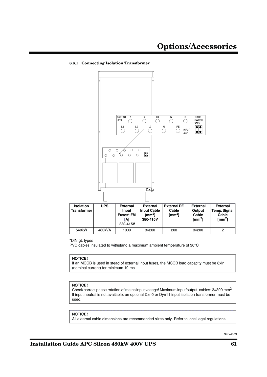 American Power Conversion 480kW 400V manual Connecting Isolation Transformer, External External PE, 540kW, 1000 200 