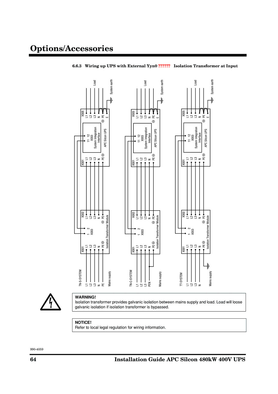 American Power Conversion 480kW 400V manual Options/Accessories 