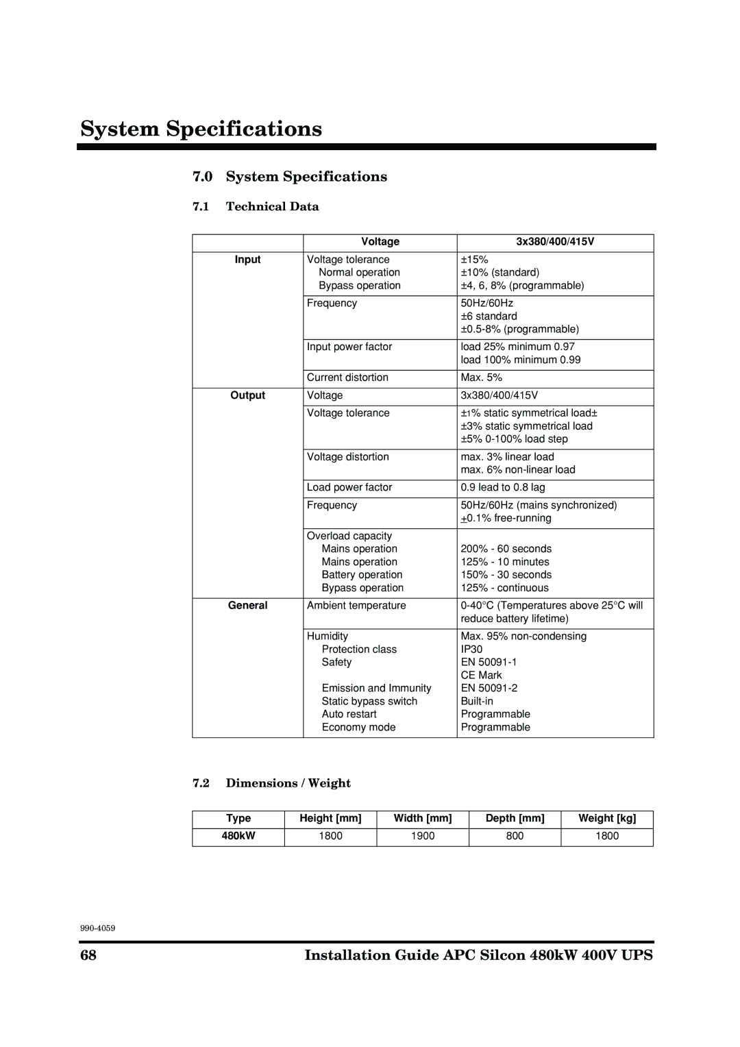 American Power Conversion 480kW 400V manual System Specifications, Technical Data, Dimensions / Weight 