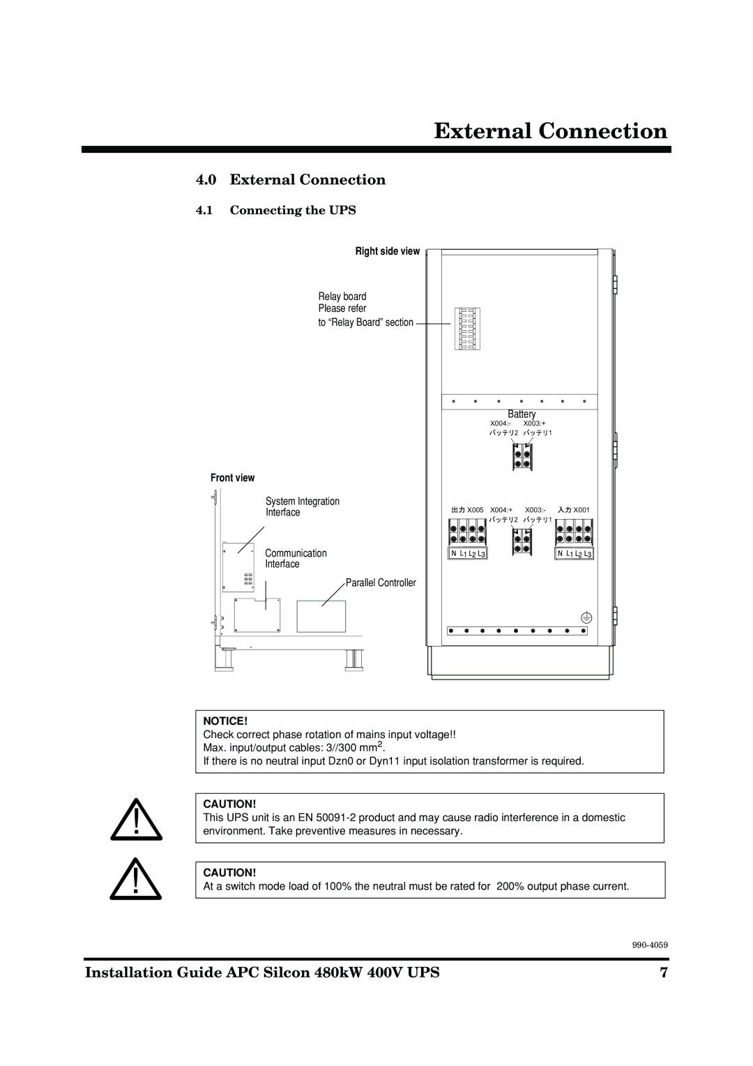 American Power Conversion 480kW 400V manual External Connection, Connecting the UPS, Right side view, Front view 