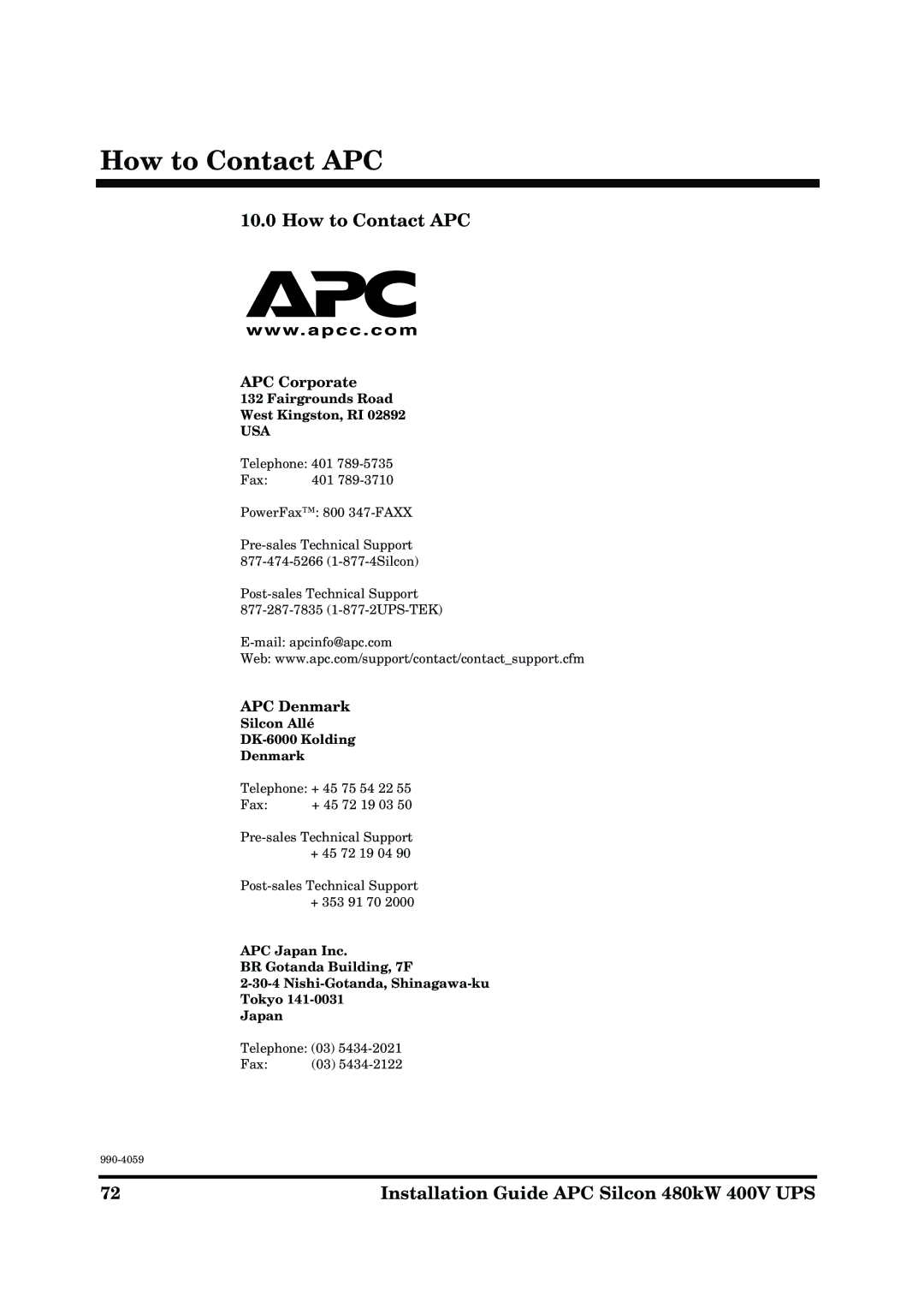 American Power Conversion 480kW 400V manual How to Contact APC, APC Corporate, APC Denmark 