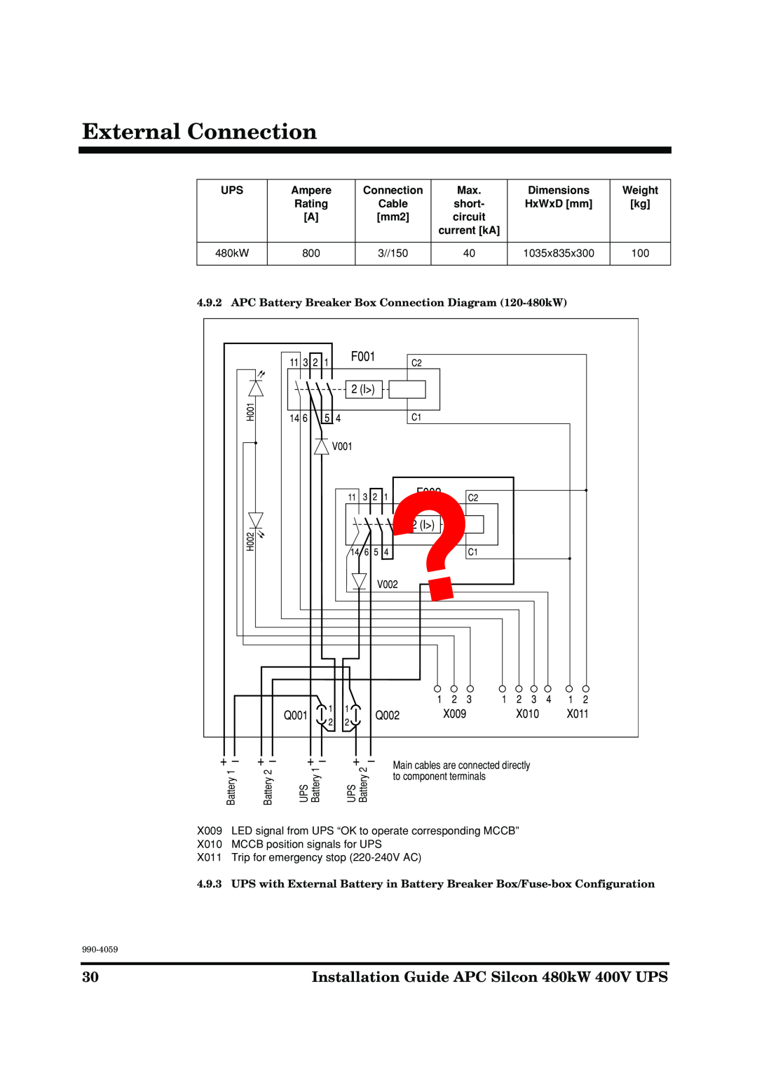 American Power Conversion 480kW 400V manual APC Battery Breaker Box Connection Diagram 120-480kW, External Connection 