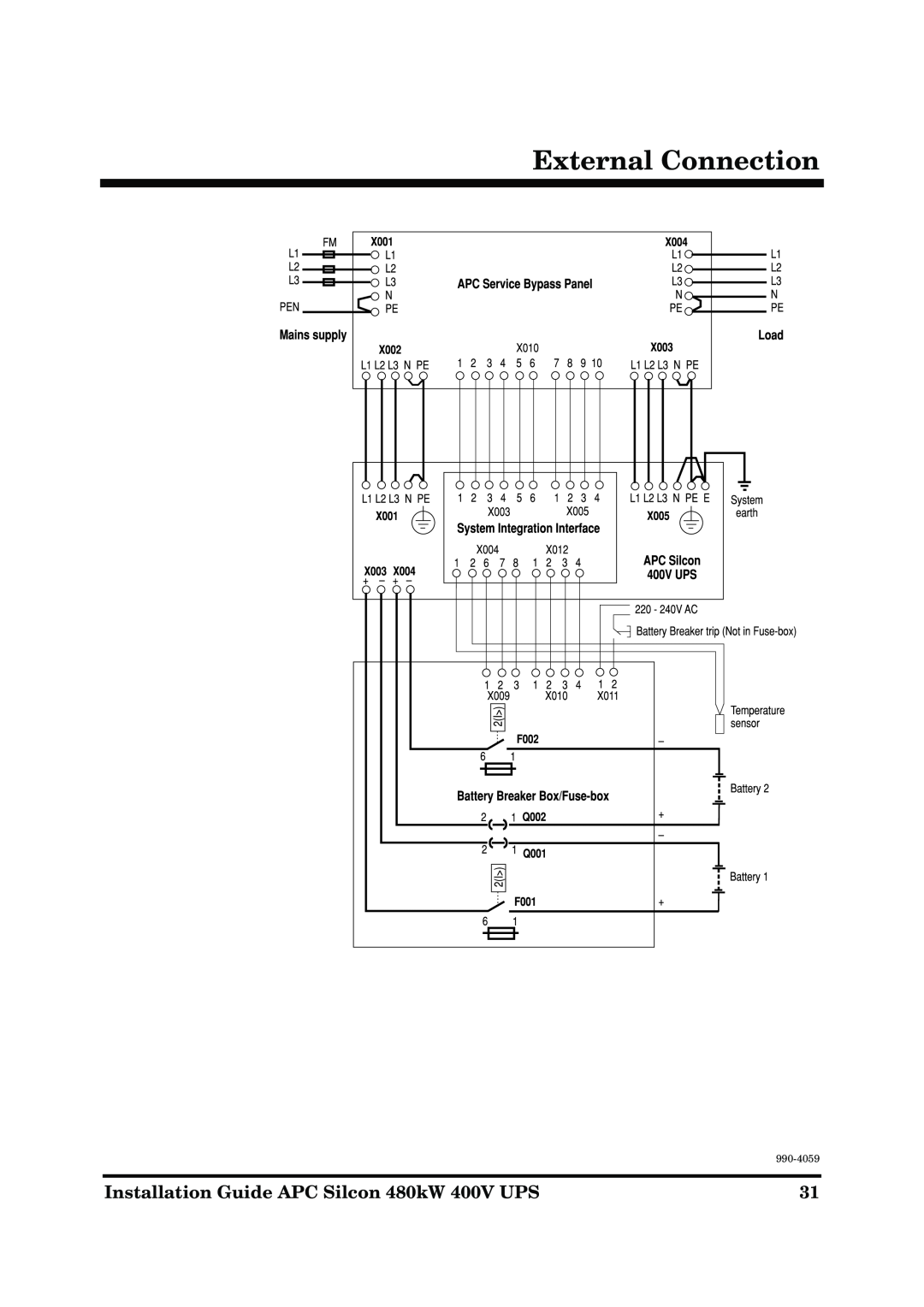 American Power Conversion manual External Connection, Installation Guide APC Silcon 480kW 400V UPS, 990-4059 