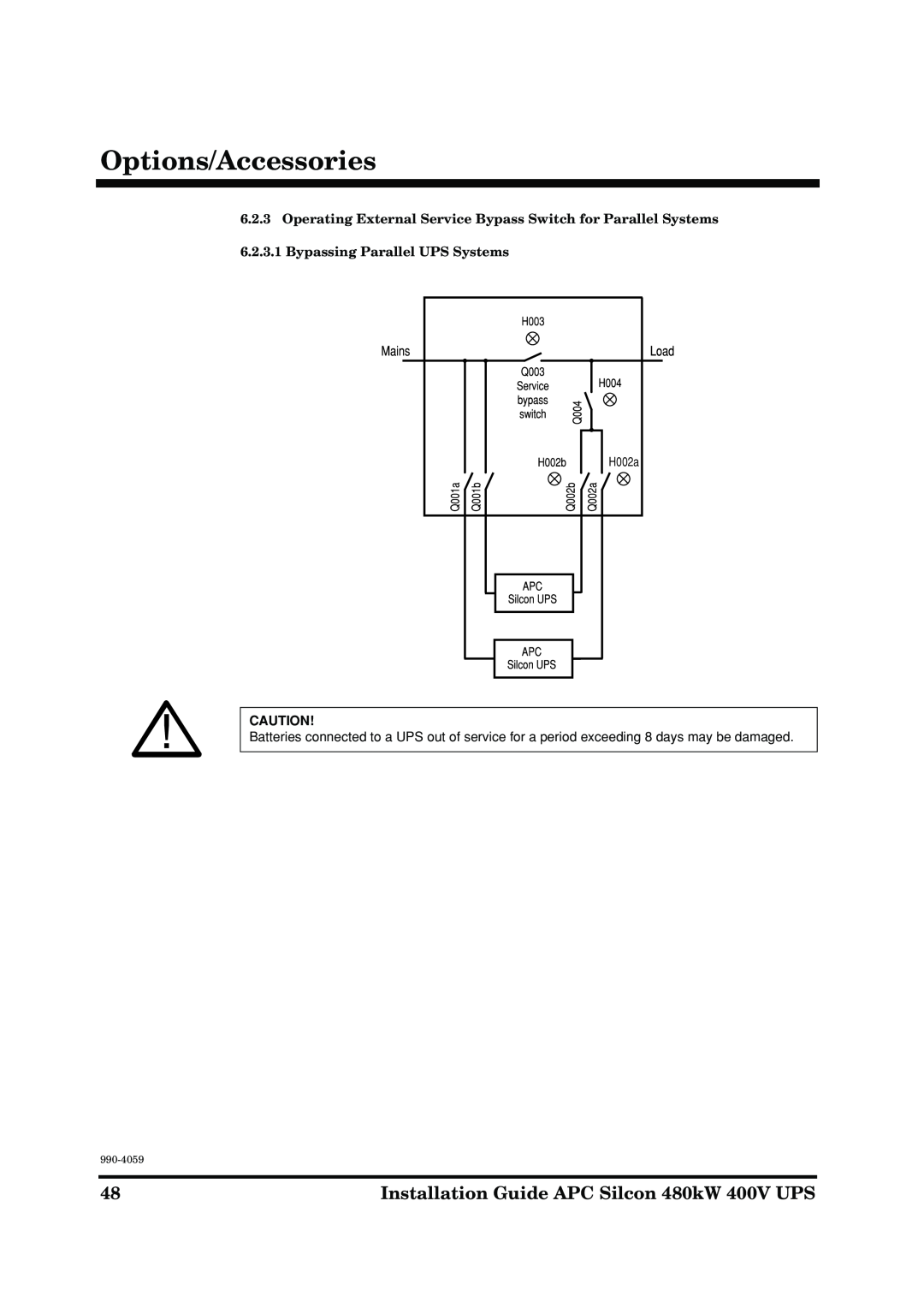 American Power Conversion manual Options/Accessories, Installation Guide APC Silcon 480kW 400V UPS, H002a, 990-4059 