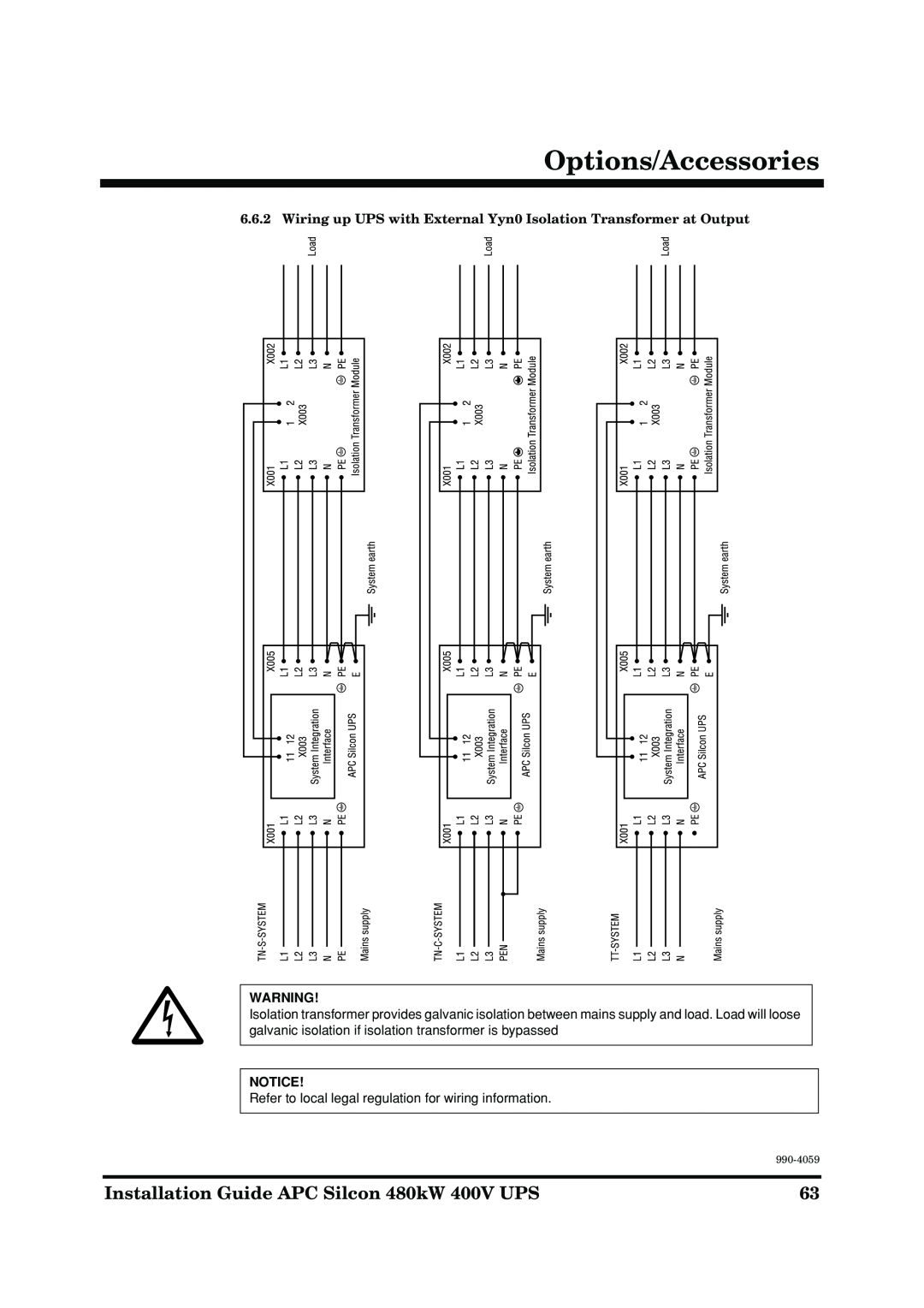 American Power Conversion manual Options/Accessories, Installation Guide APC Silcon 480kW 400V UPS, 990-4059 
