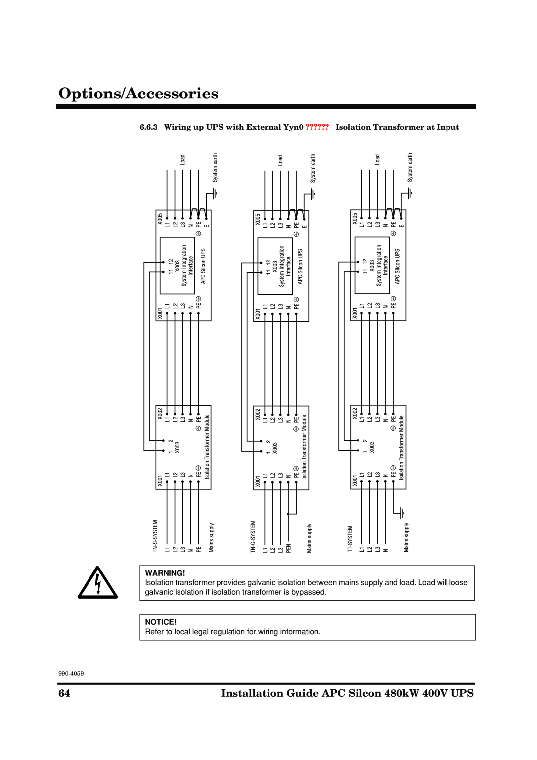 American Power Conversion manual Options/Accessories, Installation Guide APC Silcon 480kW 400V UPS, 990-4059 
