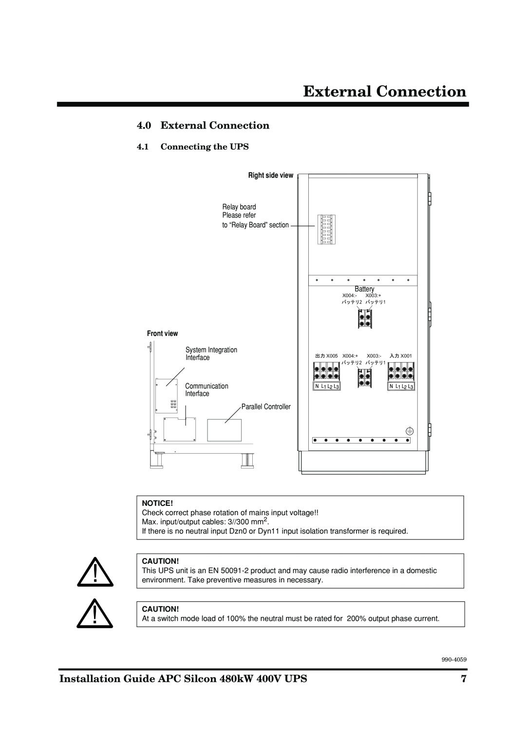 American Power Conversion manual External Connection, Connecting the UPS, Installation Guide APC Silcon 480kW 400V UPS 