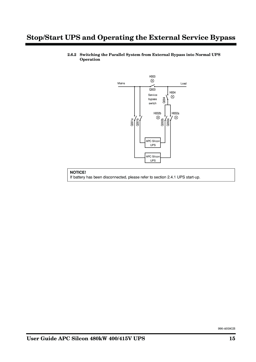 American Power Conversion 480kW manual Stop/Start UPS and Operating the External Service Bypass 